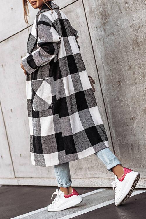 Plaid Lapel Bleted Long Coat