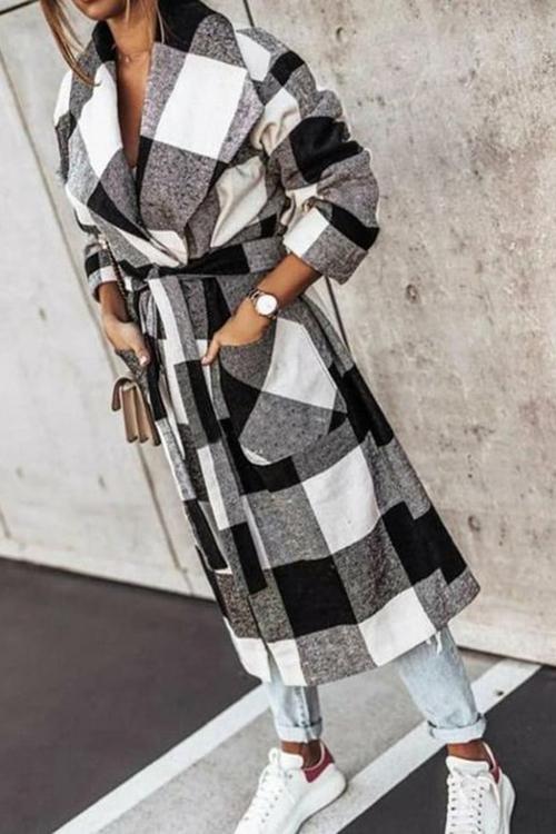 Plaid Lapel Bleted Long Coat