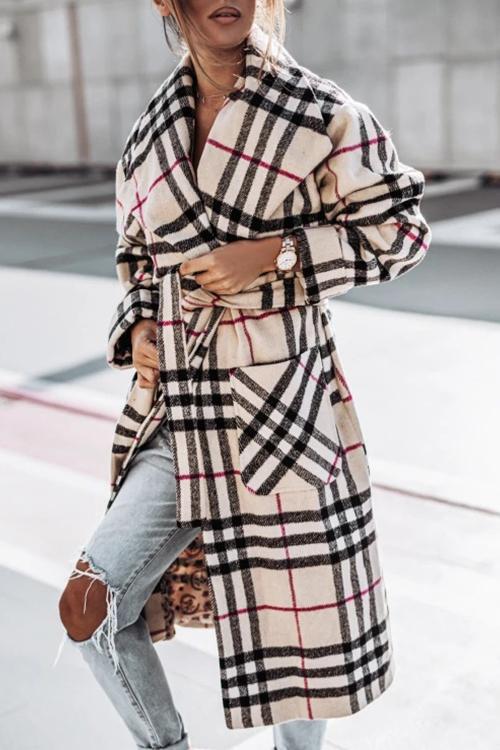 Plaid Lapel Bleted Long Coat