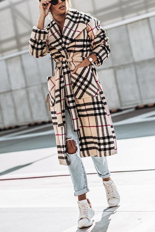 Plaid Lapel Bleted Long Coat