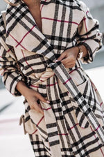 Plaid Lapel Bleted Long Coat