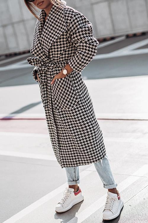 Plaid Lapel Bleted Long Coat