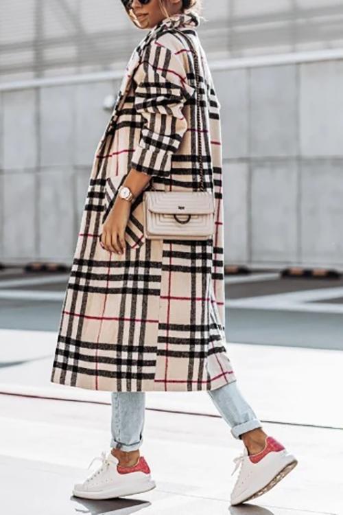 Plaid Lapel Bleted Long Coat