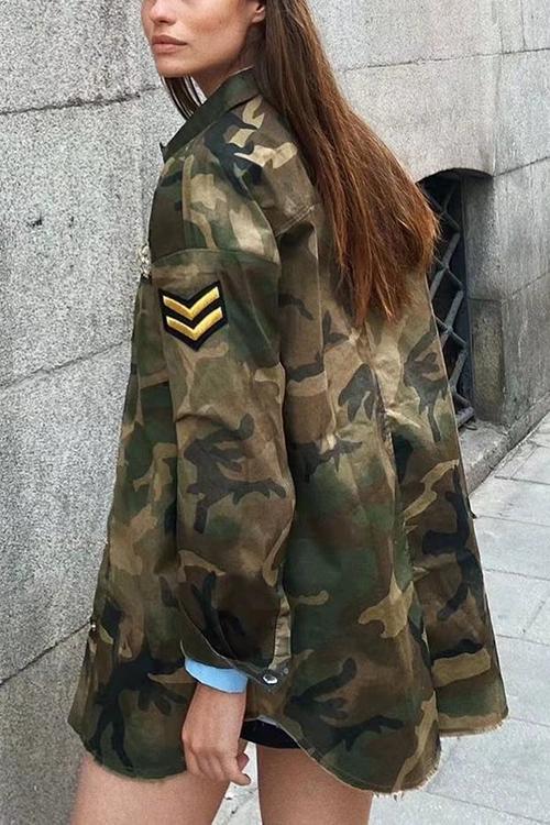 Badge Button Pockets Camo Jacket