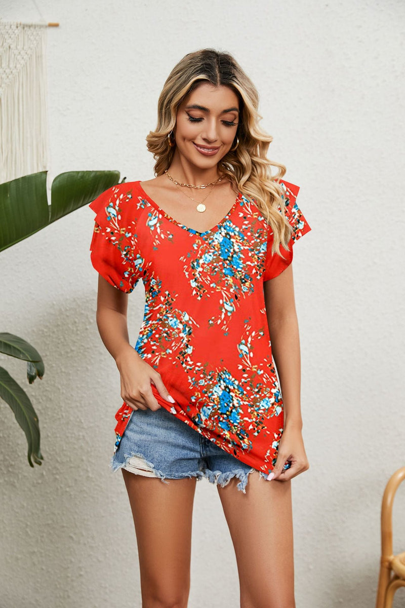 Casual Floral Loose Short Sleeve Blouse Top