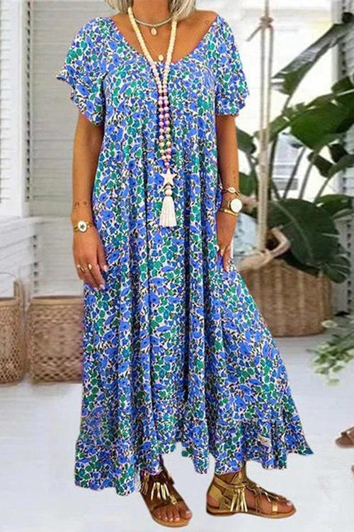 Floral Print V Neck Loose Maxi Dress