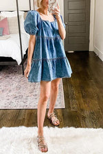 Cute Square Neck Puff Sleeve Denim Mini Dress