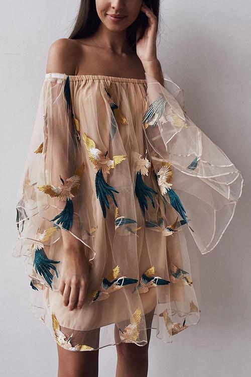 Embroidery Off Shoulder Mesh Mini Dress