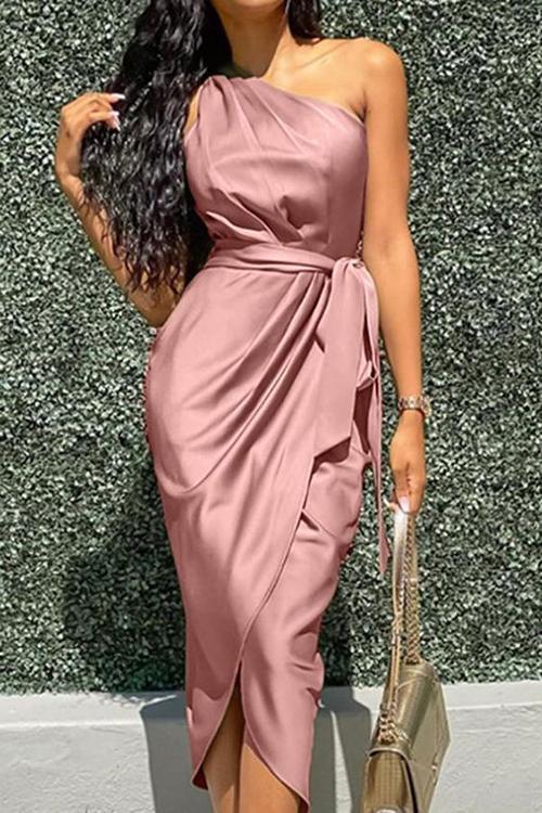 One Shoulder Slit Bleted Dress