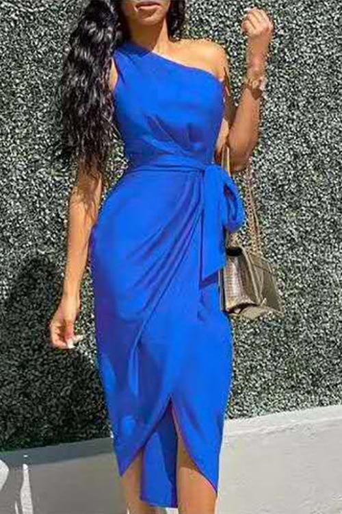 One Shoulder Slit Bleted Dress