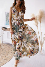 Leaf Print V Neck Sleeveless Maxi Dress