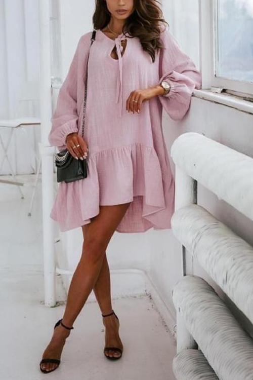 Linen Lace Up Puff Sleeve Mini Dress
