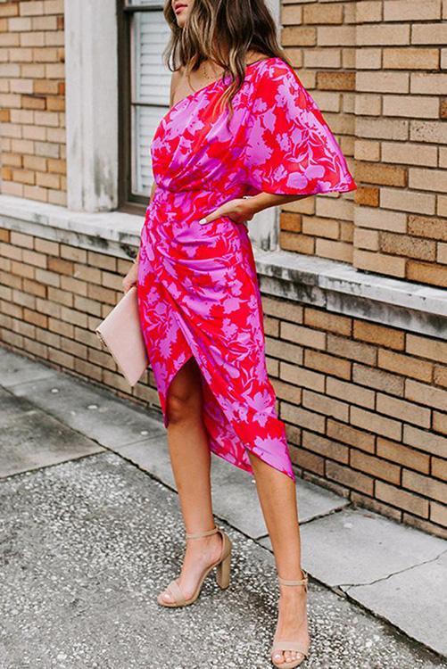 Floral Print One Shoulder Slit Dress