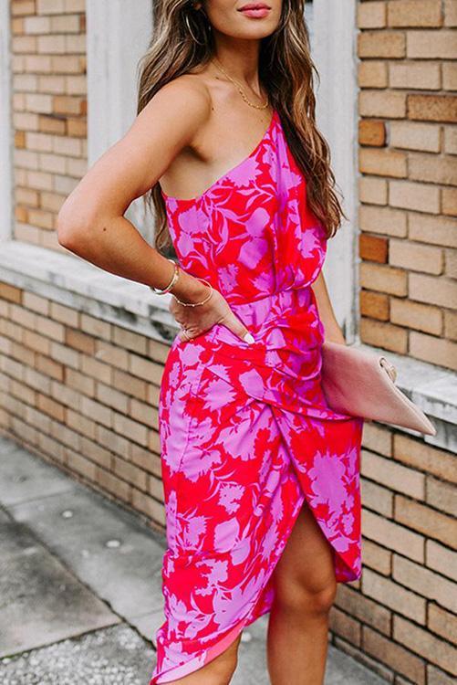 Floral Print One Shoulder Slit Dress