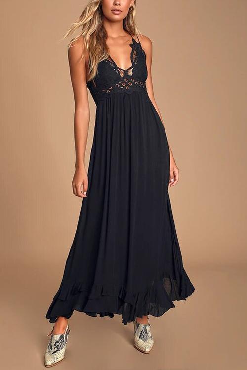 Lace Ruffles Hem Slip Maxi Dress