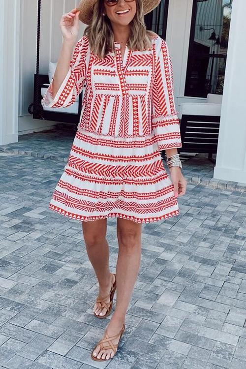 Ethnic Print V Neck Flares Mini Dress