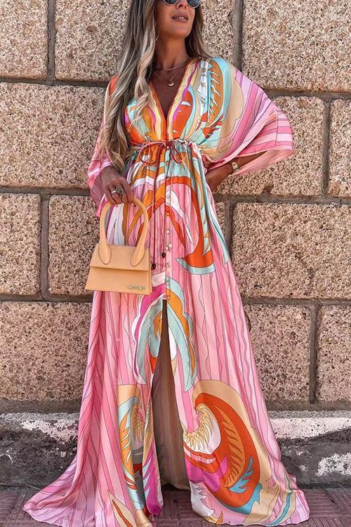 Print Drawstring Bat Maxi Dress