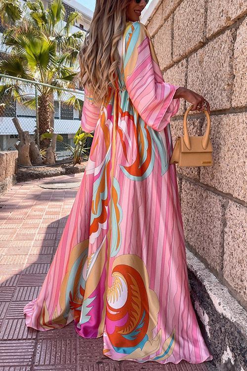 Print Drawstring Bat Maxi Dress