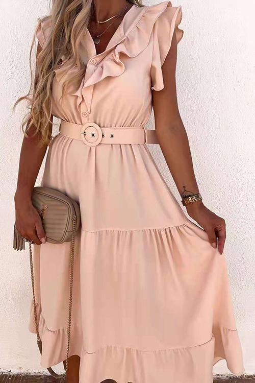 Button Layer Ruffles Maxi Dress