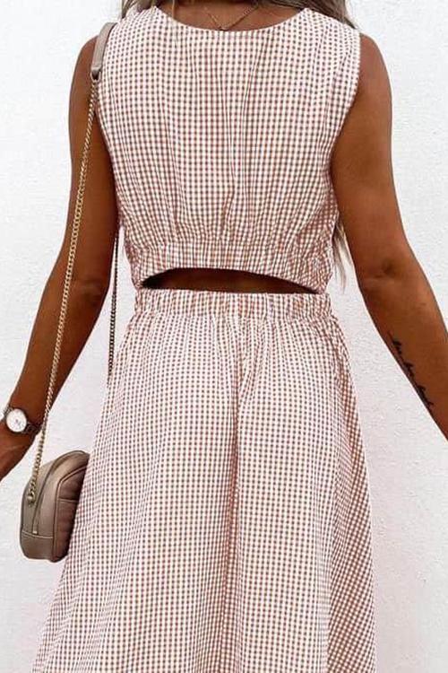 Plaid O Neck Sleevless Pockets Maxi Dress