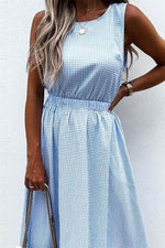 Plaid O Neck Sleevless Pockets Maxi Dress