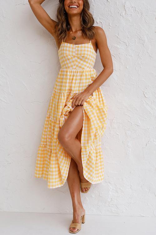 Plaid Backless Slip Maxi Dress