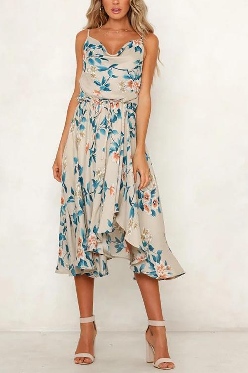 Cowl Neck Floral Print Drawstring Midi Dress