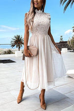 Mesh Lace Patchwork High Collar Sleeveless Dress