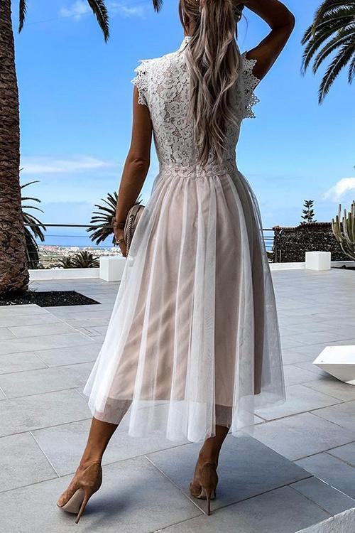 Mesh Lace Patchwork High Collar Sleeveless Dress