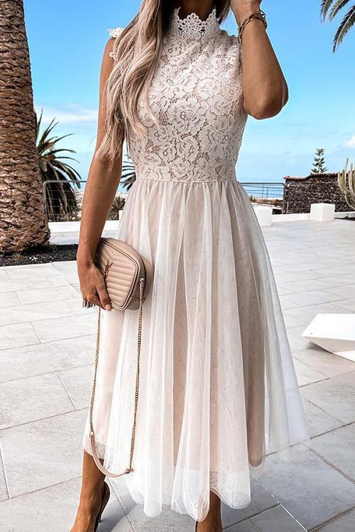 Mesh Lace Patchwork High Collar Sleeveless Dress