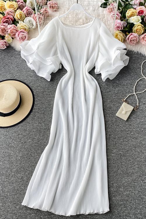 Pleated Layer Flare Sleeve Maxi Dress