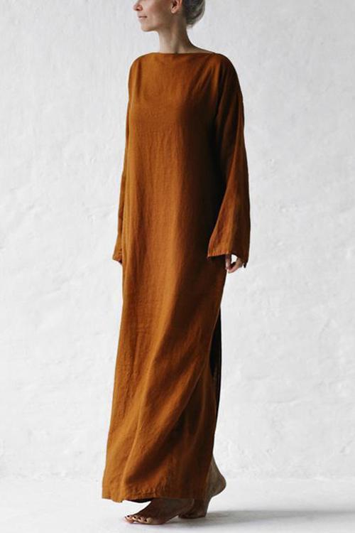 Linen Tie Belt Long Sleeve Maxi Dress