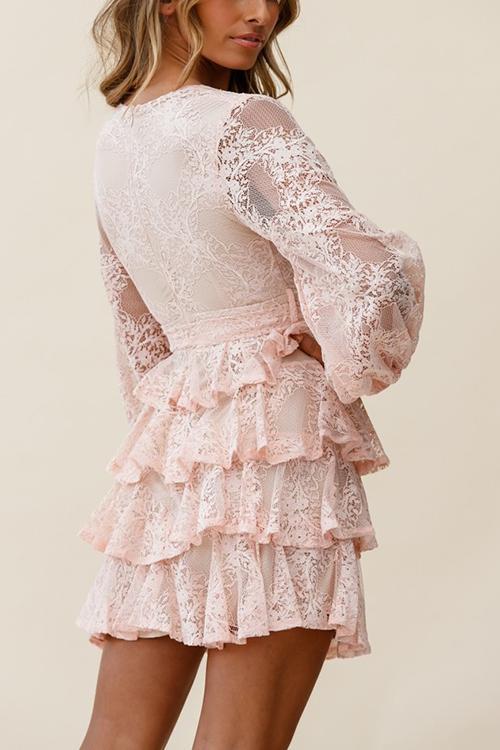 Balloon Sleeve Tiered Frill Lace Dres