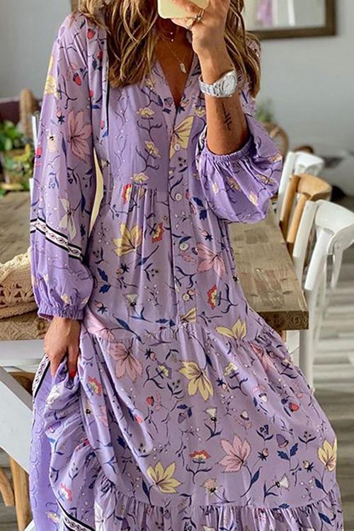 Button Floral Print Long Sleeve Maxi Dress