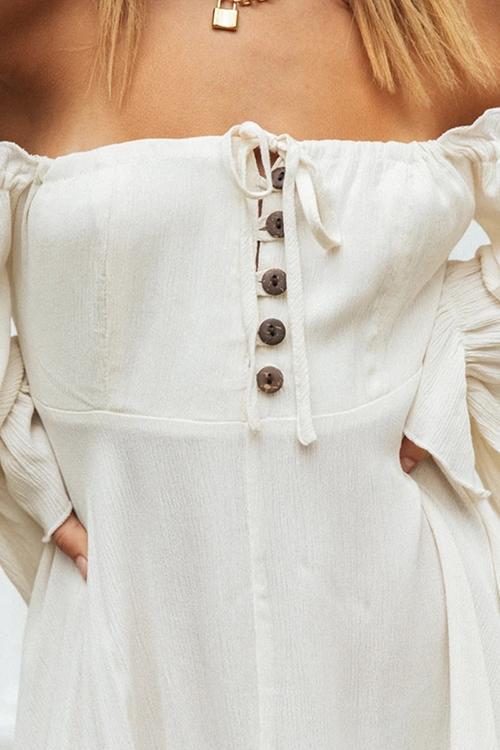 Button Off Shoulder Long Sleeve Mini Dress
