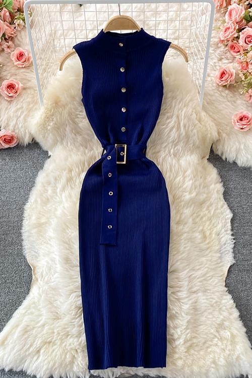 Knit Sleeveless Button Belted Bodycon Dress