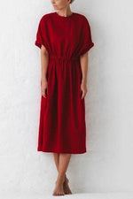 Cinched Waist O Neck Linen Dress