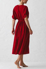 Cinched Waist O Neck Linen Dress