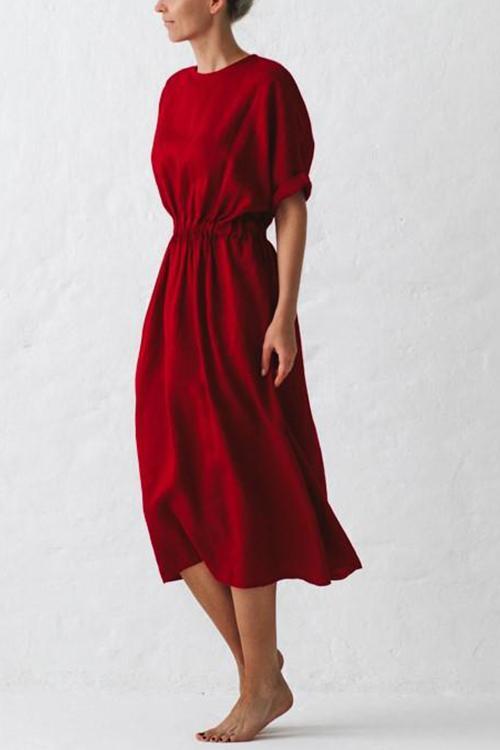 Cinched Waist O Neck Linen Dress