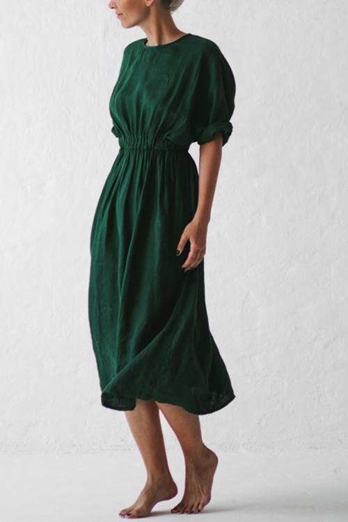 Cinched Waist O Neck Linen Dress