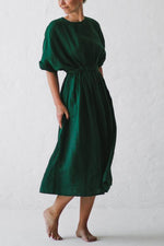 Cinched Waist O Neck Linen Dress