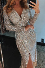 Plunge Neck Sequin Slit Dress