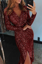 Plunge Neck Sequin Slit Dress