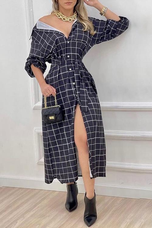 Plaid Print Button Maxi Shirt Dress