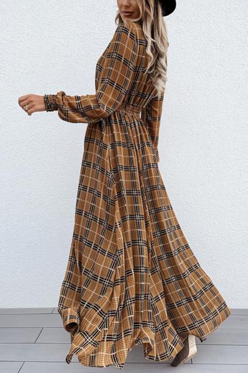 Emprie Waist Plaid Long Sleeve  Maxi Dress