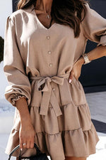 Button Layer Ruffles Long Sleeve Mini Dress