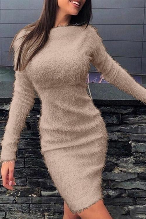 Fuzzy O Neck Long Sleeve Bodycon Sweater Dress