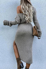 Dew Shoulder Side Slit Knit Dress