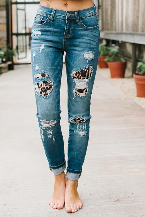 Leopard Patches Distressed Jeans