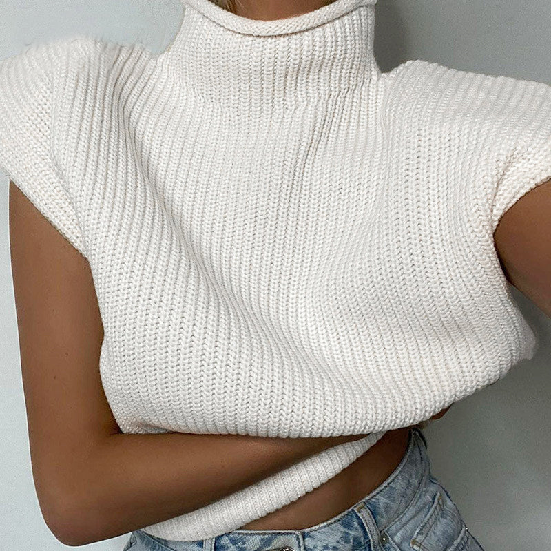 Women's Turtleneck Sleeveless Vest Sweater With Shoulder Pads